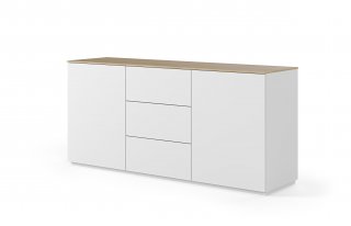 Buffet WHITY 2 blanc mat 180cm 2 portes/3 tiroirs Plateau en bois de chêne clair